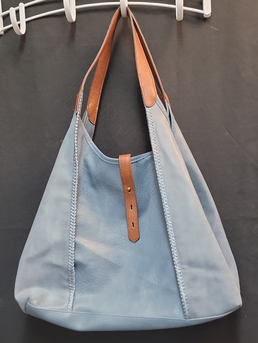 Light Blue Leather Tote with Brown Accent - Women Bags